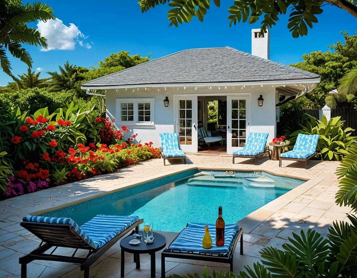 A serene vacation home surrounded by lush greenery and vibrant summer flowers. The sun shines brightly, casting playful shadows on a cozy patio filled with stylish outdoor furniture. Add a sparkling swimming pool with colorful beach towels and tropical drinks on a table. A clear blue sky with fluffy clouds enhances the summer vibe, inviting relaxation. super-realistic. vibrant colors. 3D.
