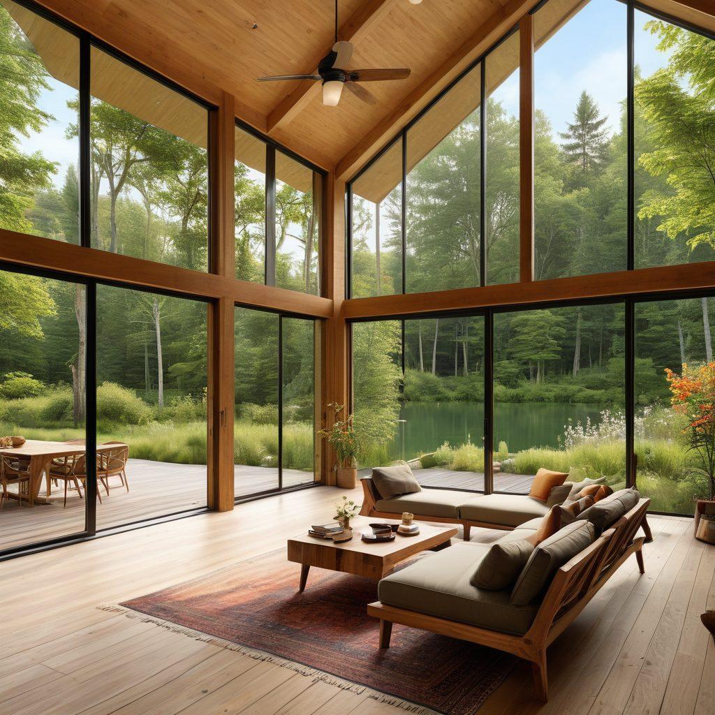 A tranquil vacation home nestled in a lush green forest, with large windows showcasing panoramic views of nature. The interior features cozy seating, natural wood finishes, and soft, earthy tones that evoke comfort. A wooden deck with lounge chairs overlooks a serene lake, surrounded by trees and wildflowers. Ambient lighting creates a warm atmosphere, blending indoor and outdoor spaces seamlessly. super-realistic. vibrant colors. nature-inspired.